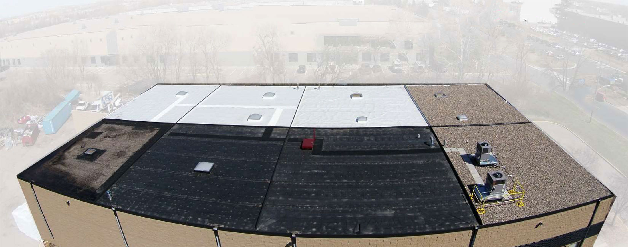 Aerial map of the QT Commercial ShowRoof showing eight roofing system sections
